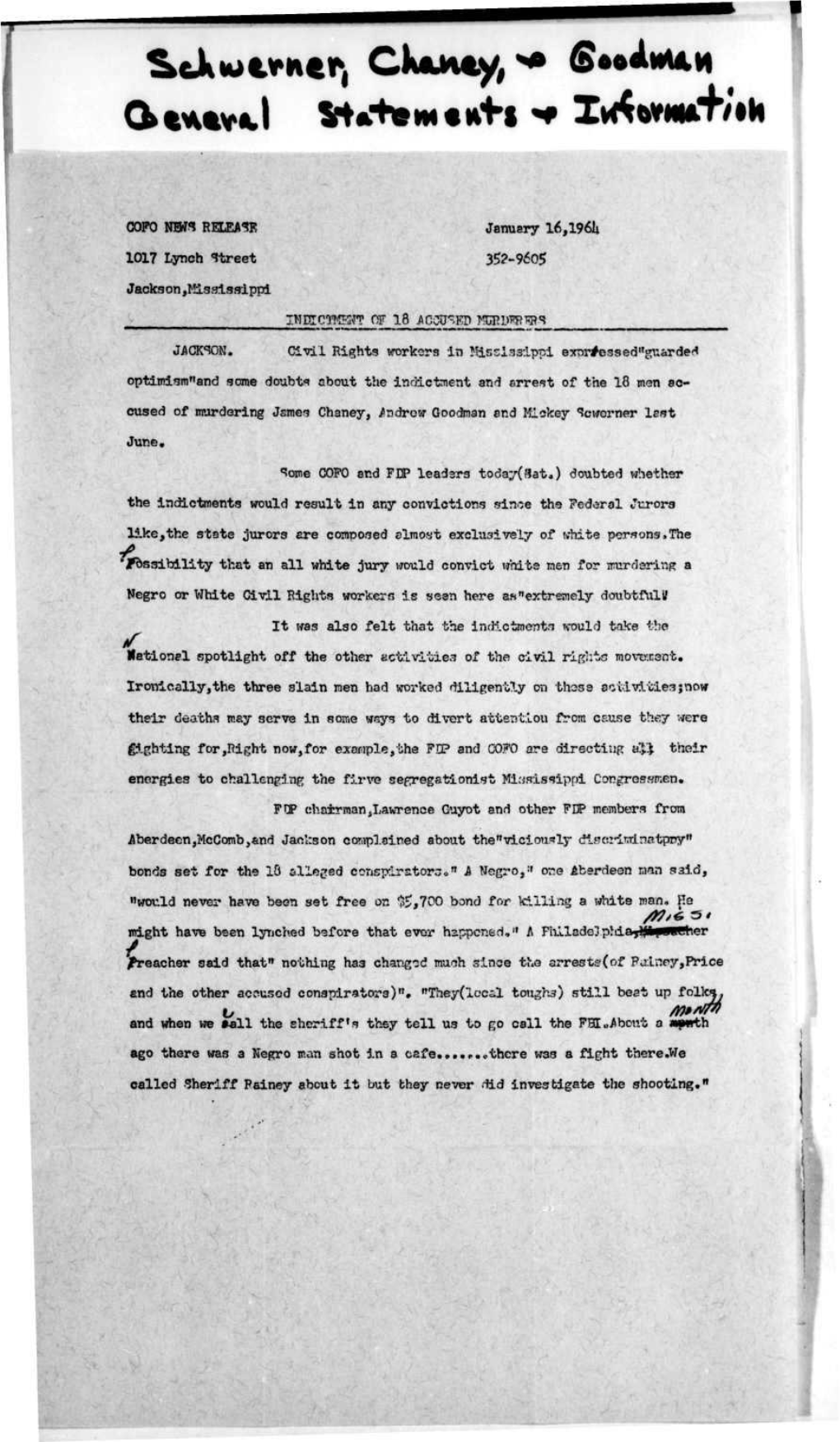 COFO NSWS RELEASE January L6,1961I 1017 Lynch Street 35?-960