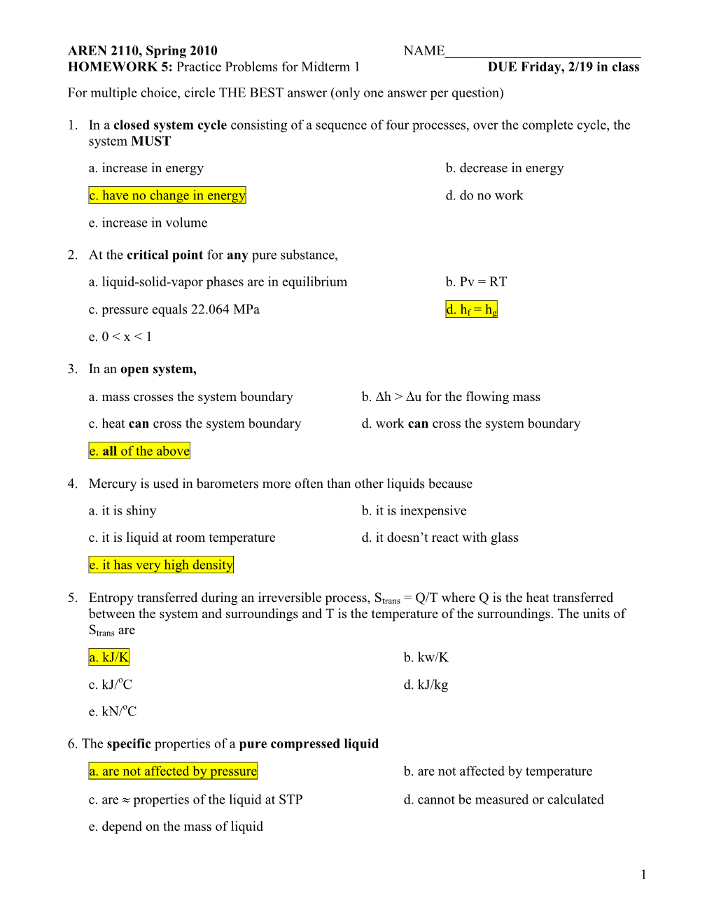 (25 Points @ 5 Points Each) Answer Each Question by Circling the Statement (Or Corresponding Letter) That Best Completes the P