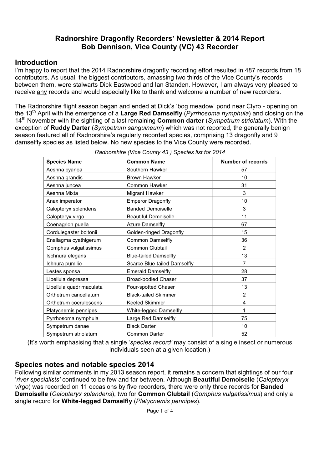 Radnorshire Dragonfly Recorders' Newsletter & 2014 Report Bob