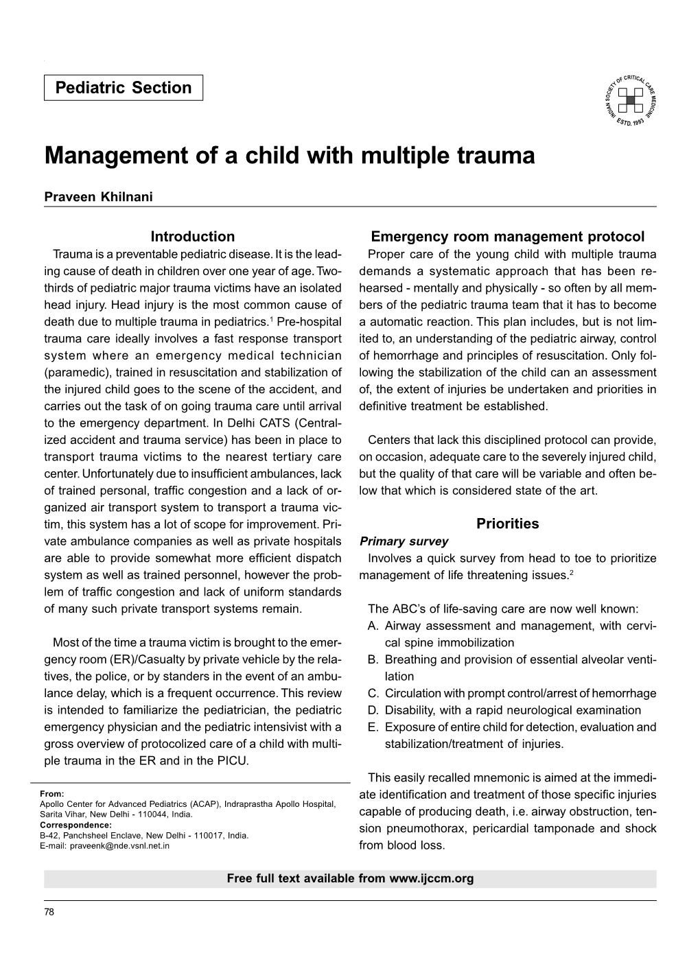 Management of a Child with Multiple Trauma