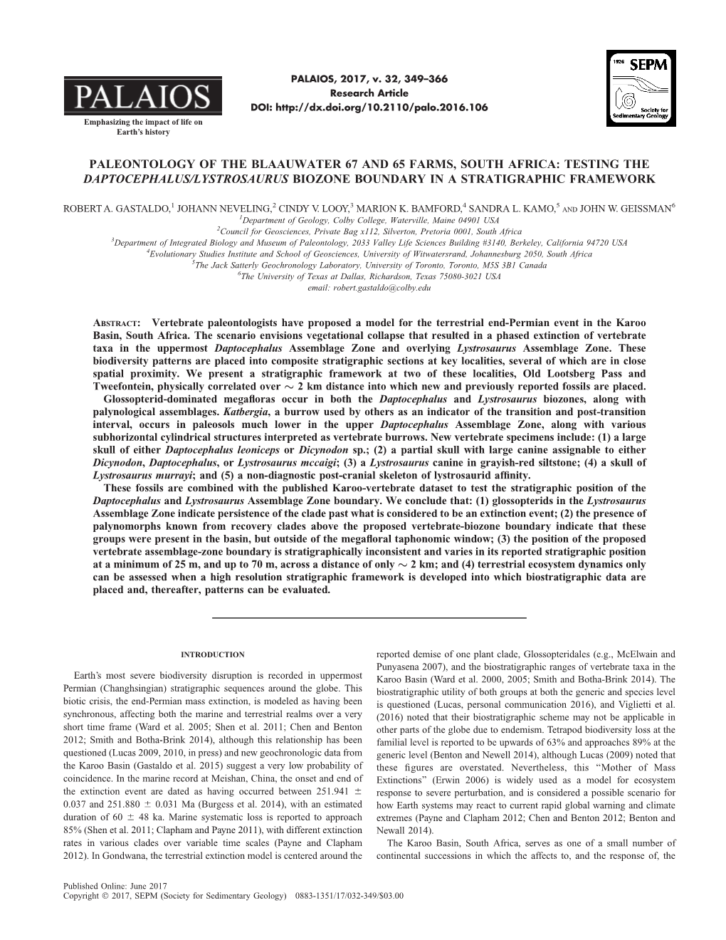 Paleontology of the Blaauwater 67 and 65 Farms, South Africa: Testing the Daptocephalus/Lystrosaurus Biozone Boundary in a Stratigraphic Framework