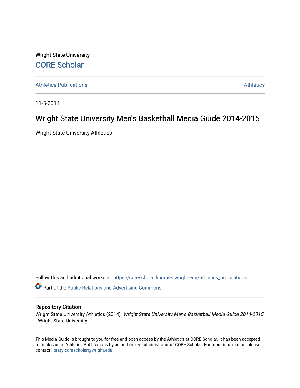 Wright State University Men's Basketball Media Guide 2014-2015