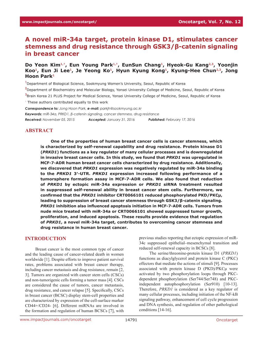 A Novel Mir-34A Target, Protein Kinase D1, Stimulates Cancer Stemness and Drug Resistance Through GSK3/Β-Catenin Signaling in Breast Cancer