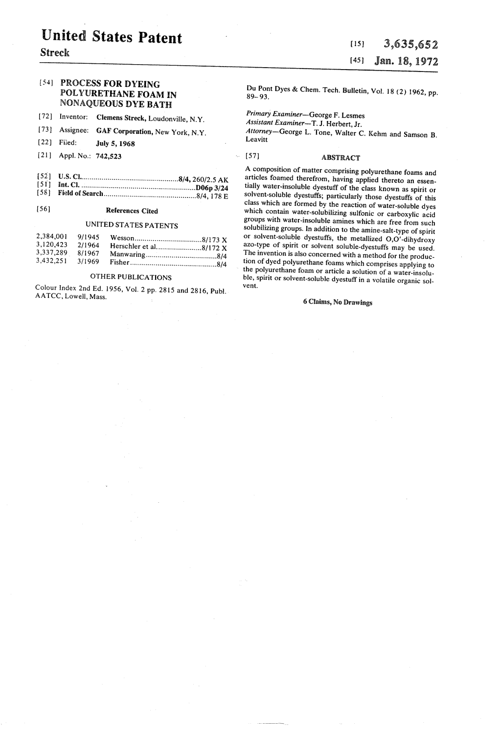 United States Patent Streck (15) 3,635,652 (45) Jan