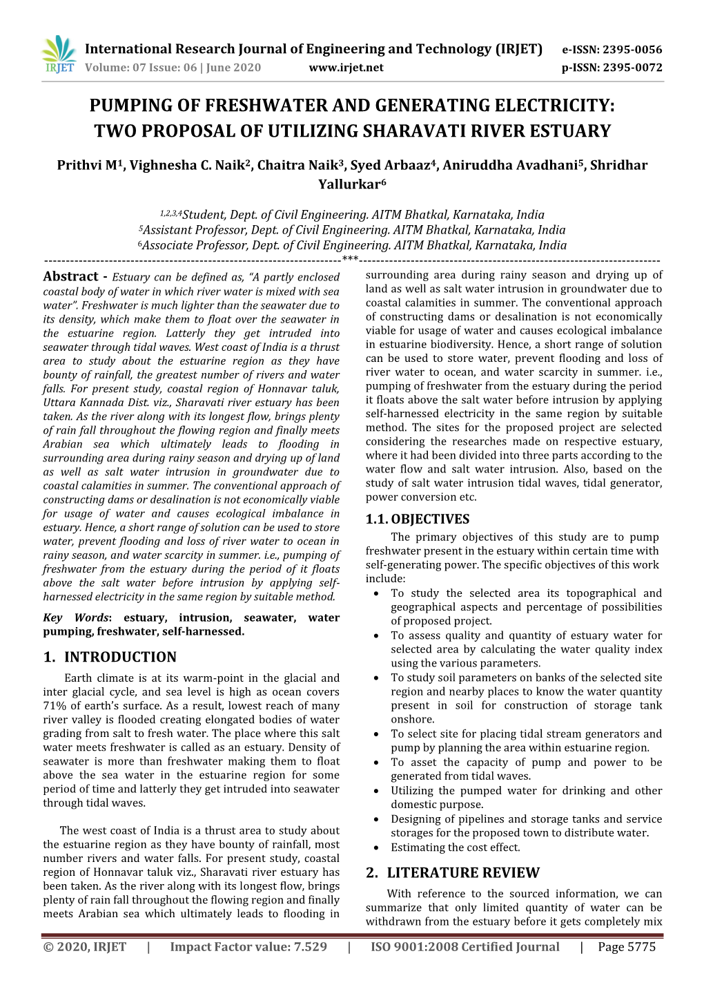 Pumping of Freshwater and Generating Electricity: Two Proposal of Utilizing Sharavati River Estuary