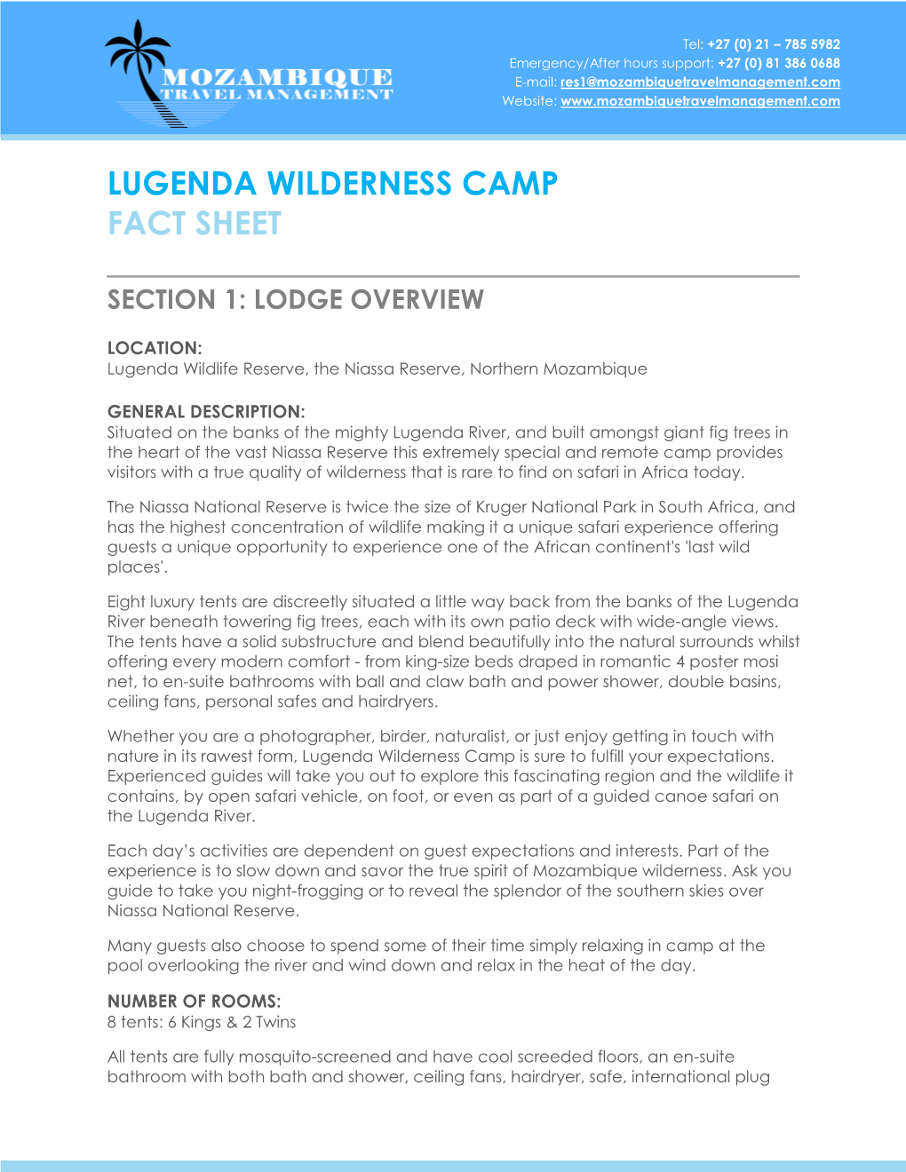 Lugenda Wilderness Camp Fact Sheet