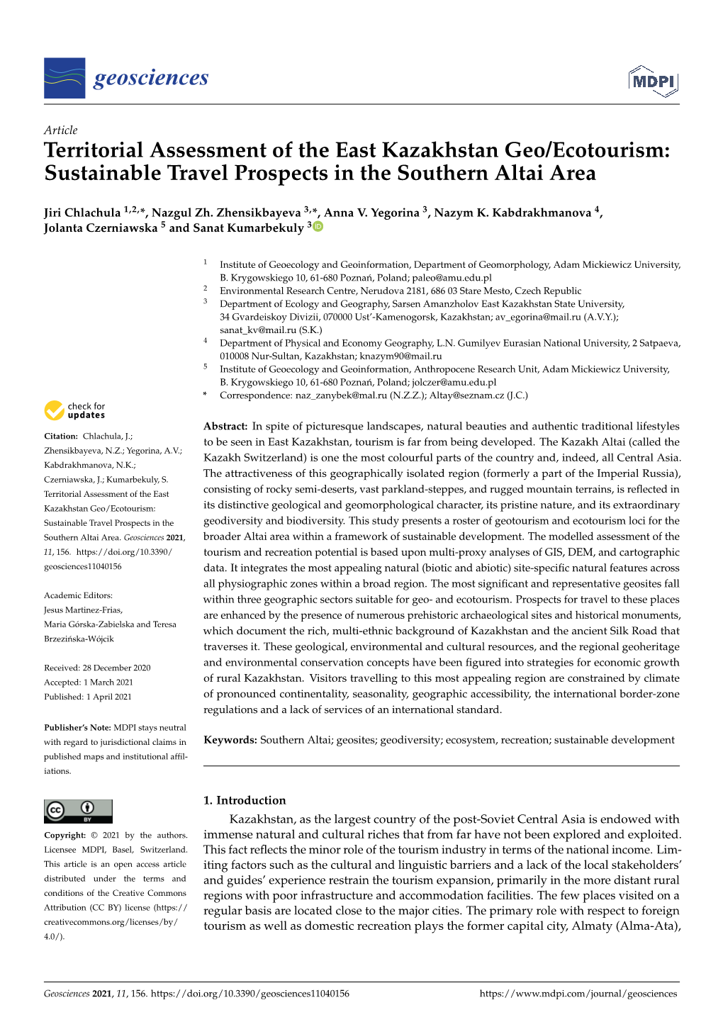 Territorial Assessment of the East Kazakhstan Geo/Ecotourism: Sustainable Travel Prospects in the Southern Altai Area