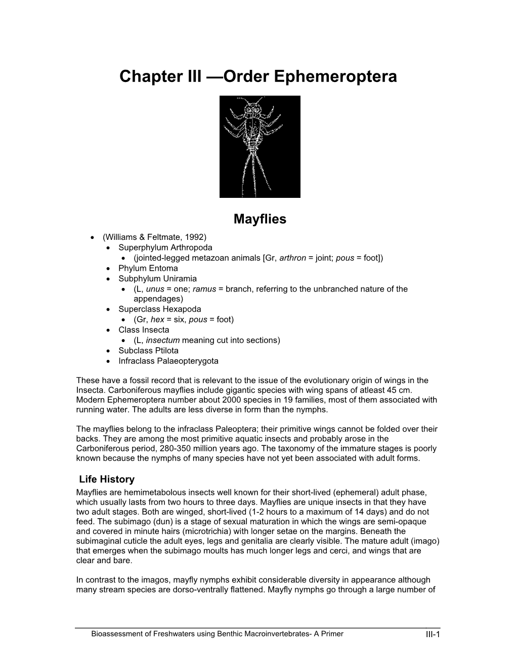 Chapter III —Order Ephemeroptera