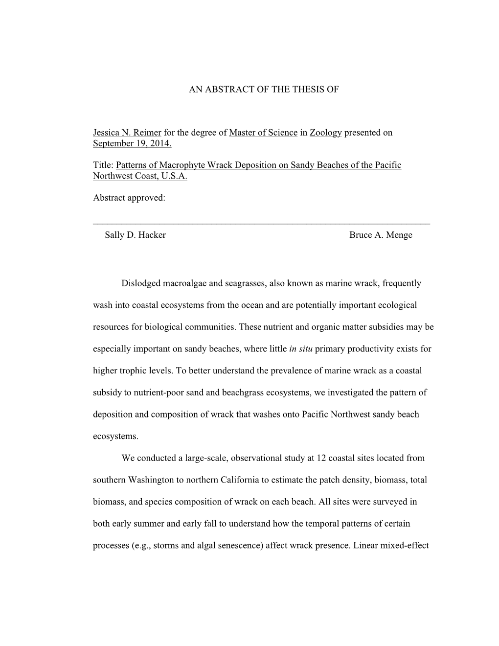 Patterns of Macrophyte Wrack Deposition on Sandy Beaches of the Pacific Northwest Coast, U.S.A