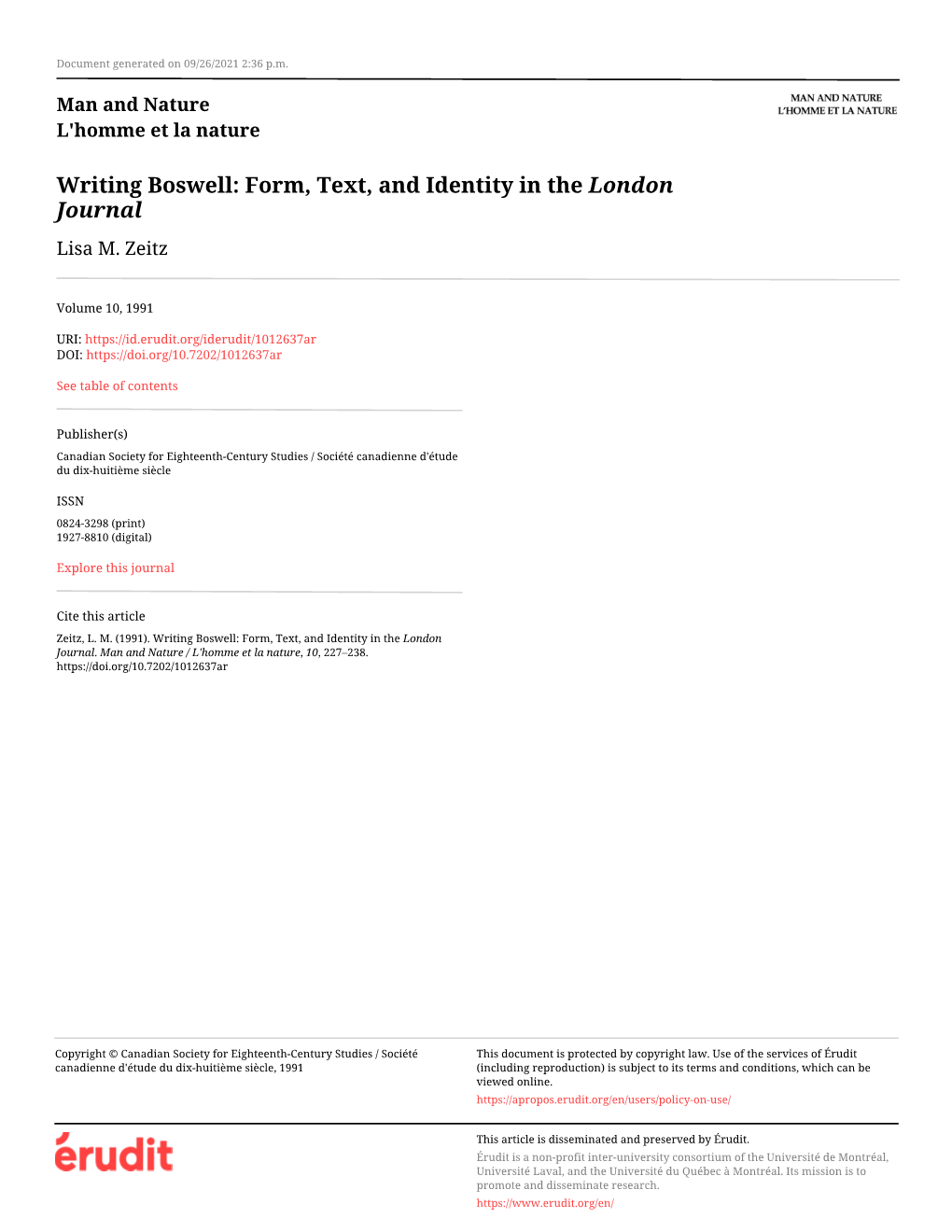 Writing Boswell: Form, Text, and Identity in the London Journal Lisa M