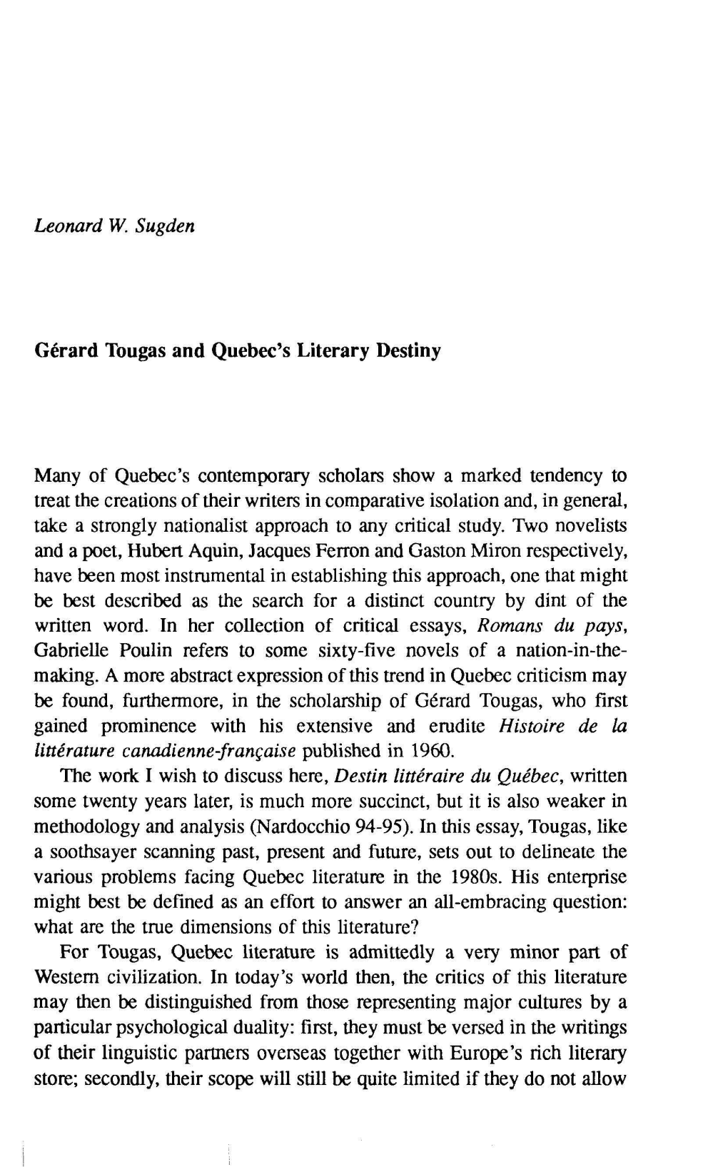 Gerard Tougas and Quebec's Literary Destiny