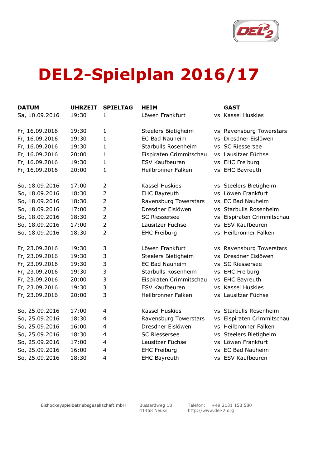 DEL2-Spielplan 2016/17