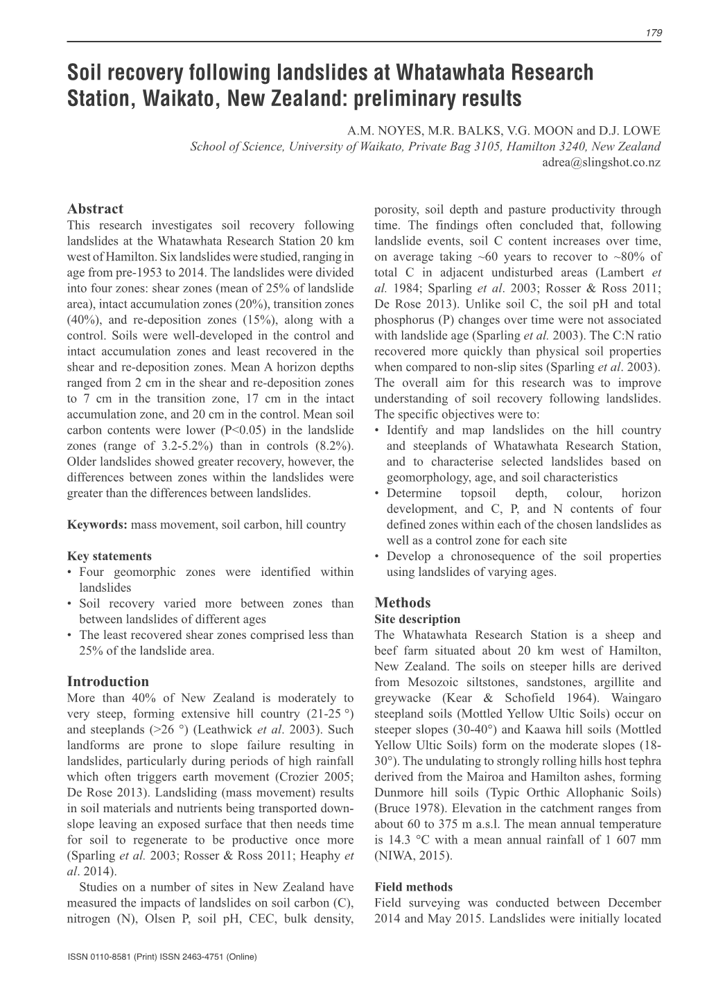 Soil Recovery Following Landslides at Whatawhata Research Station, Waikato, New Zealand: Preliminary Results