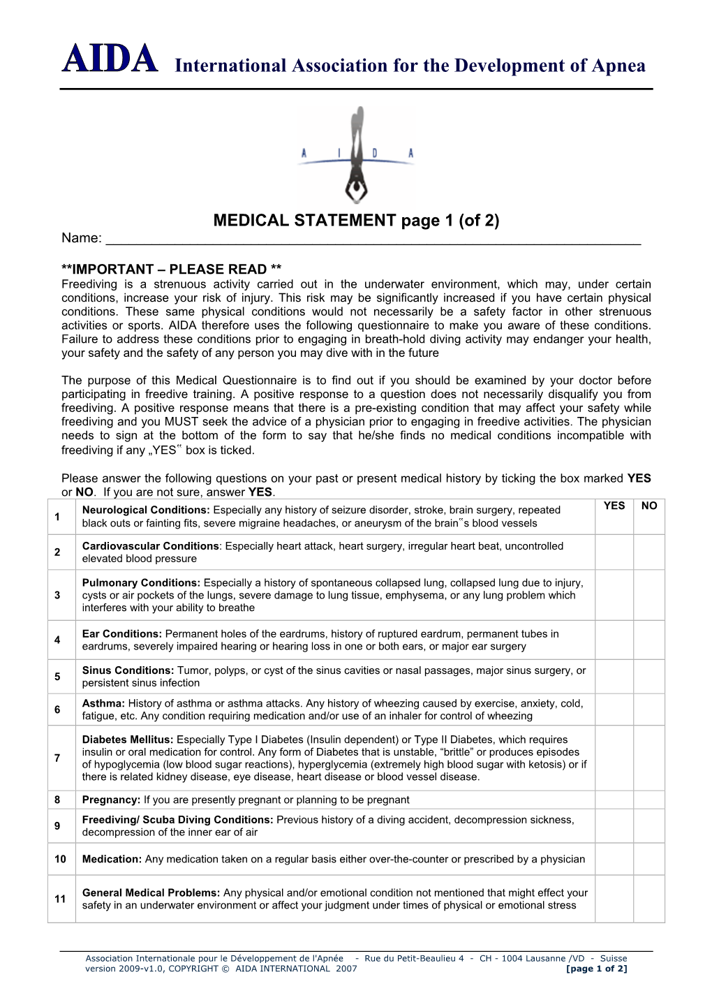 AIDA International Medical Statement