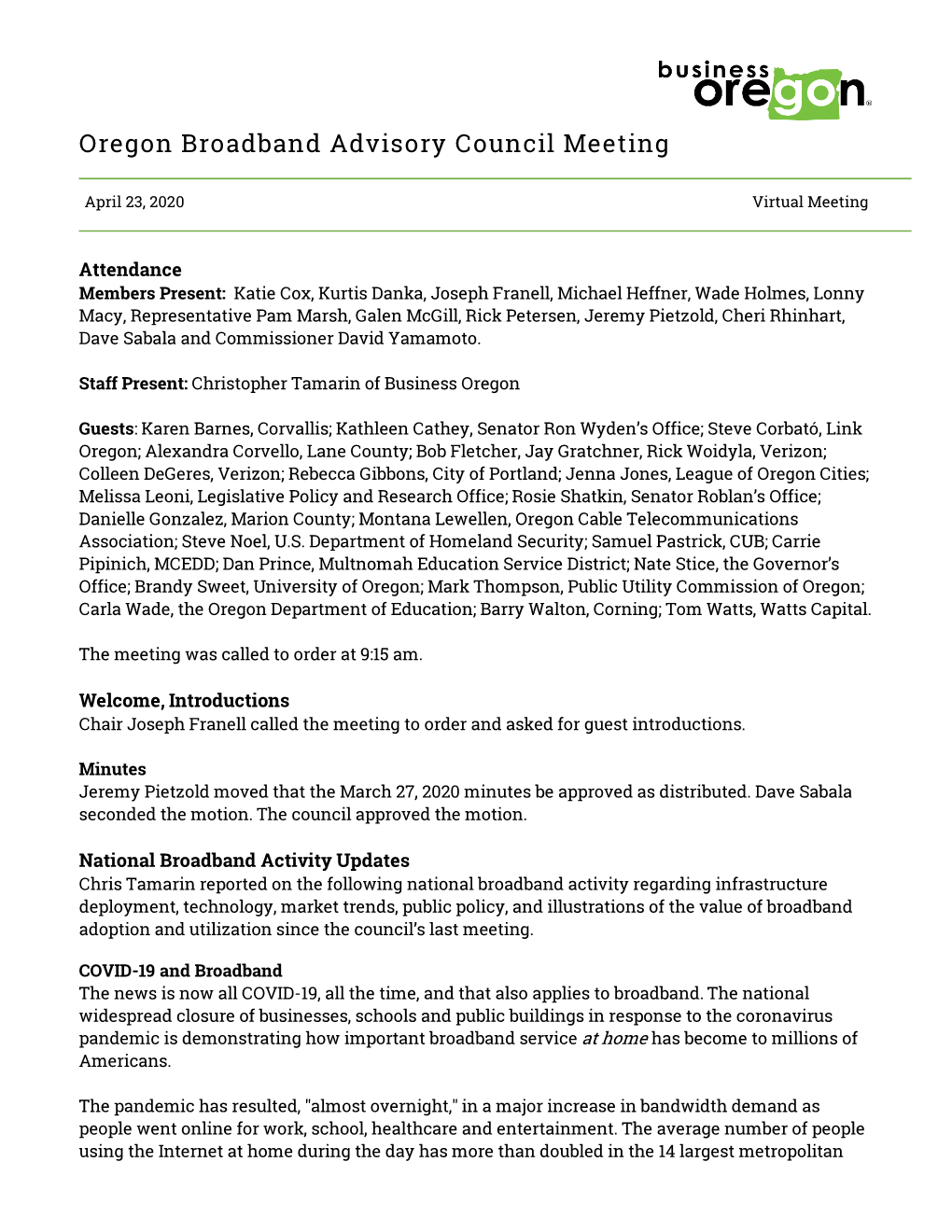 Oregon Broadband Advisory Council Meeting