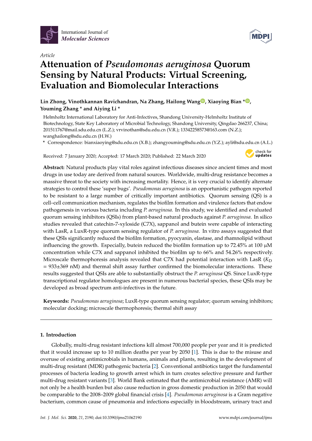 Attenuation of Pseudomonas Aeruginosa Quorum Sensing by Natural Products: Virtual Screening, Evaluation and Biomolecular Interactions