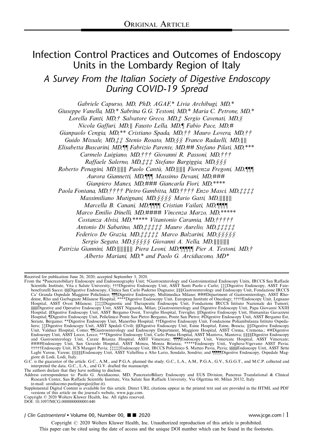 Infection Control Practices and Outcomes of Endoscopy Units in the Lombardy Region of Italy