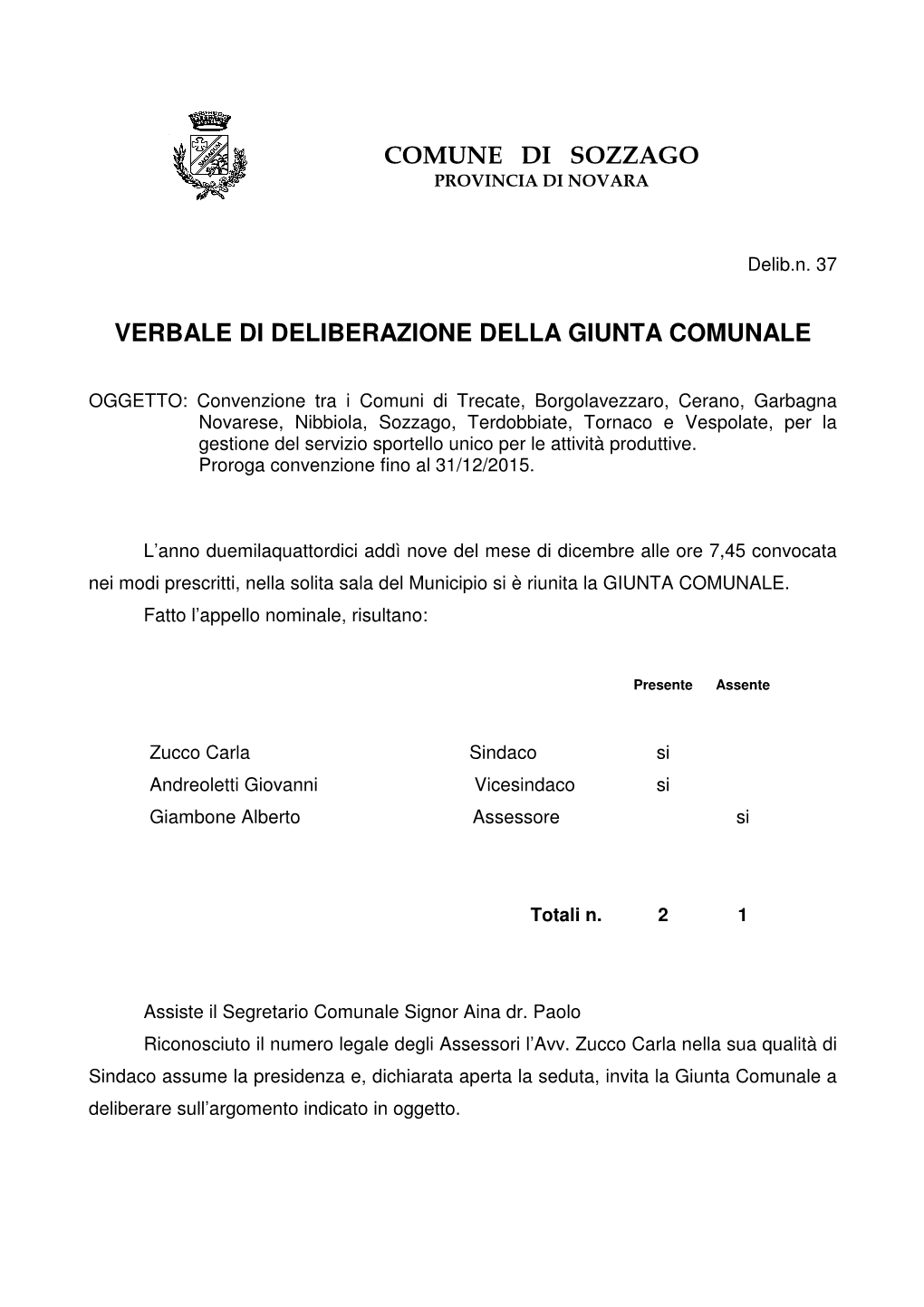 Comune Di Sozzago Verbale Di Deliberazione Della Giunta