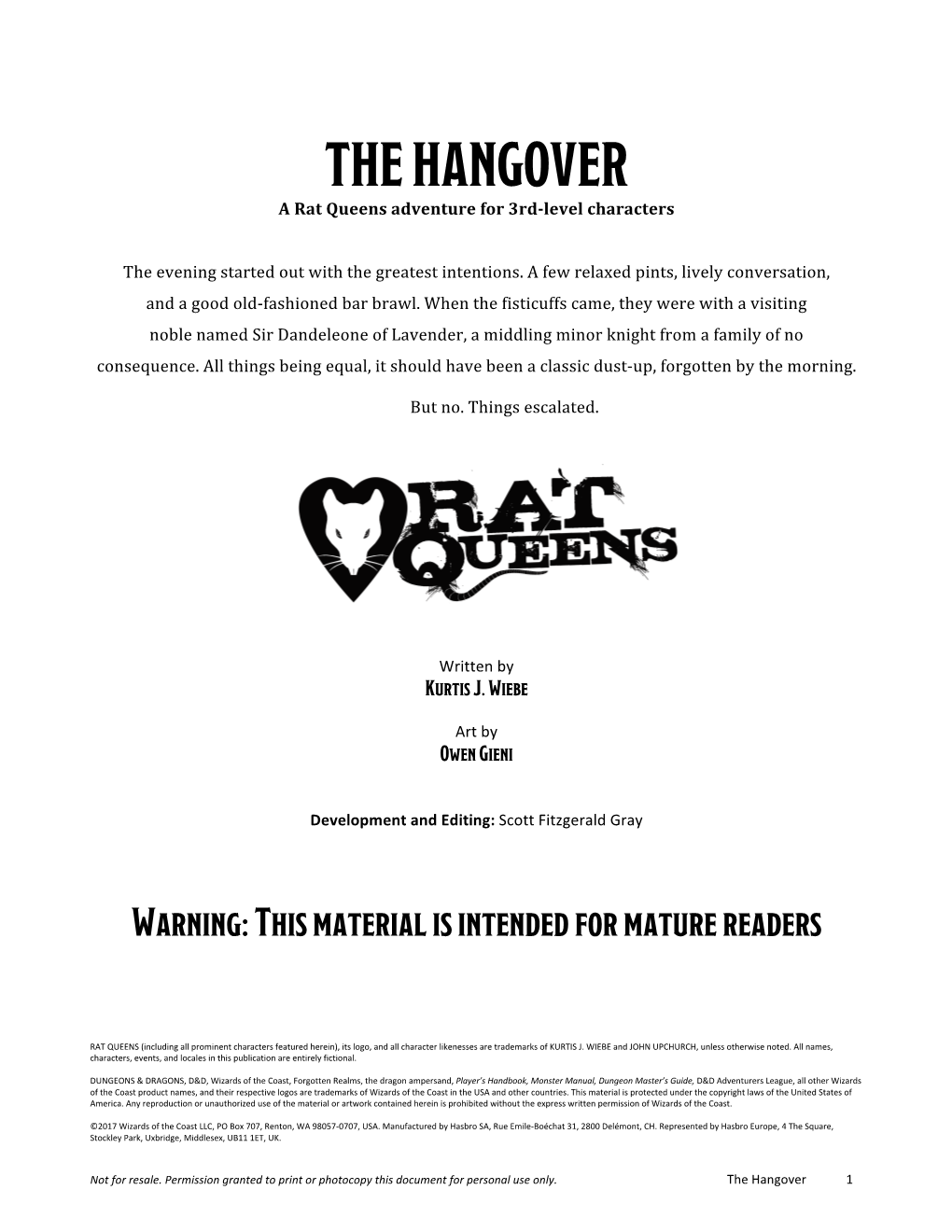 THE HANGOVER a Rat Queens Adventure for 3Rd-Level Characters