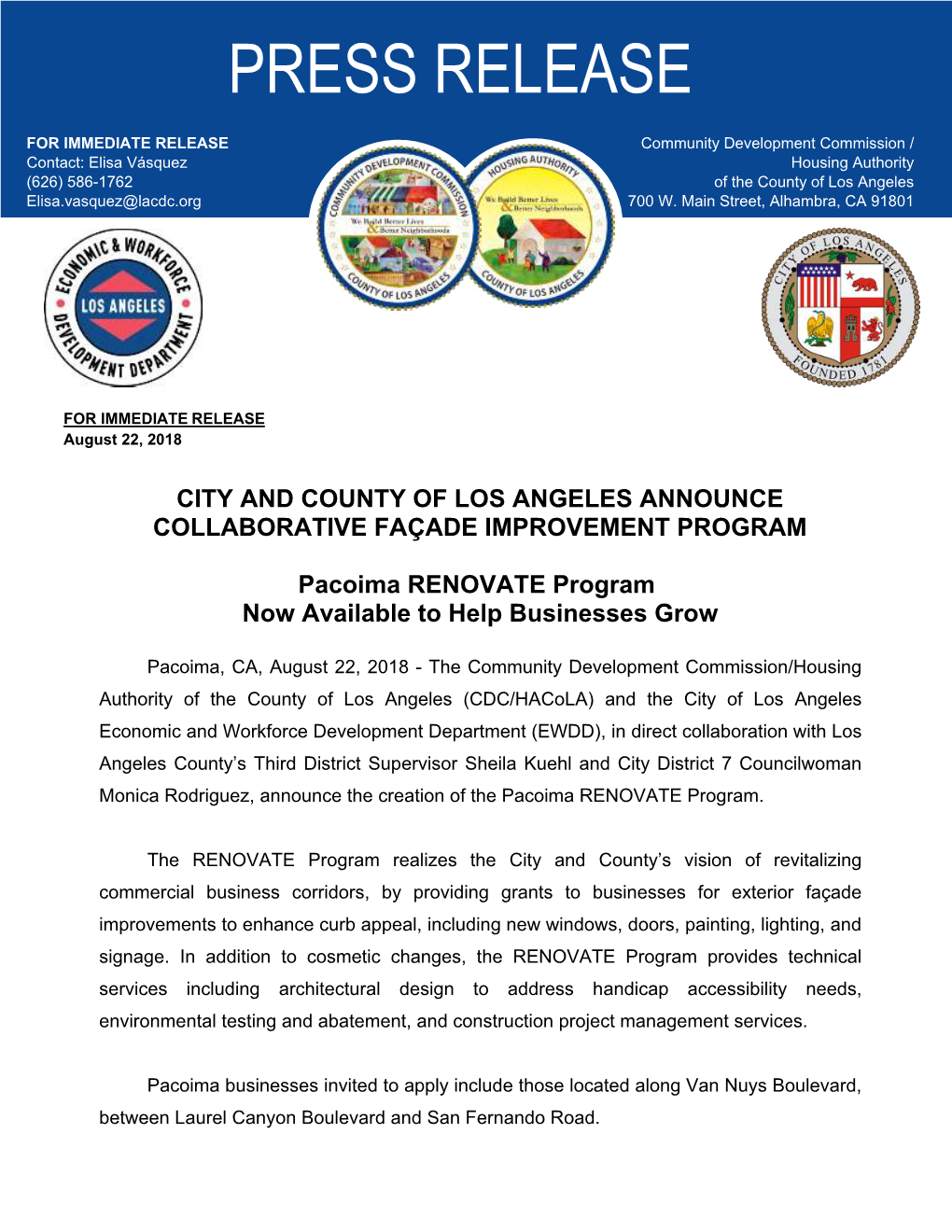 City and County of Los Angeles Announce Collaborative Façade Improvement Program