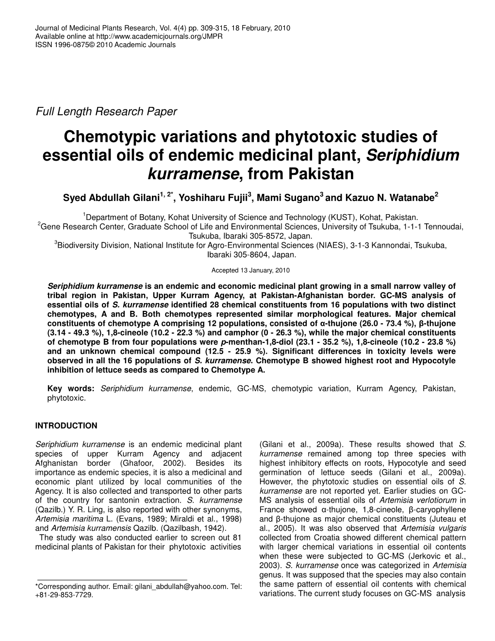 Chemotypic Variations and Phytotoxic Studies of Essential Oils of Endemic Medicinal Plant, Seriphidium Kurramense, from Pakistan