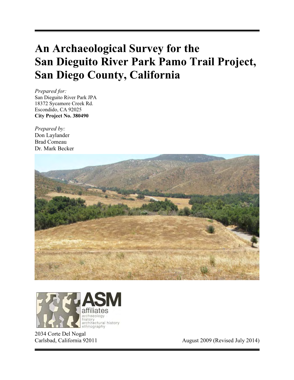 An Archaeological Survey for the San Dieguito River Park Pamo Trail Project, San Diego County, California