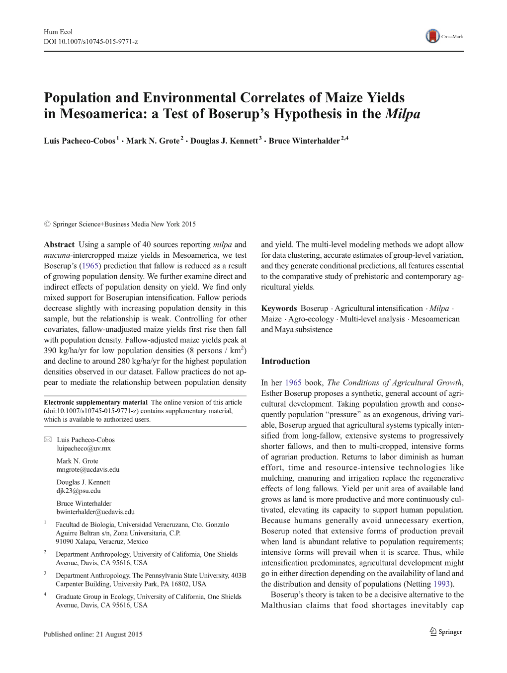 Population and Environmental Correlates of Maize Yields in Mesoamerica: a Test of Boserup’S Hypothesis in the Milpa