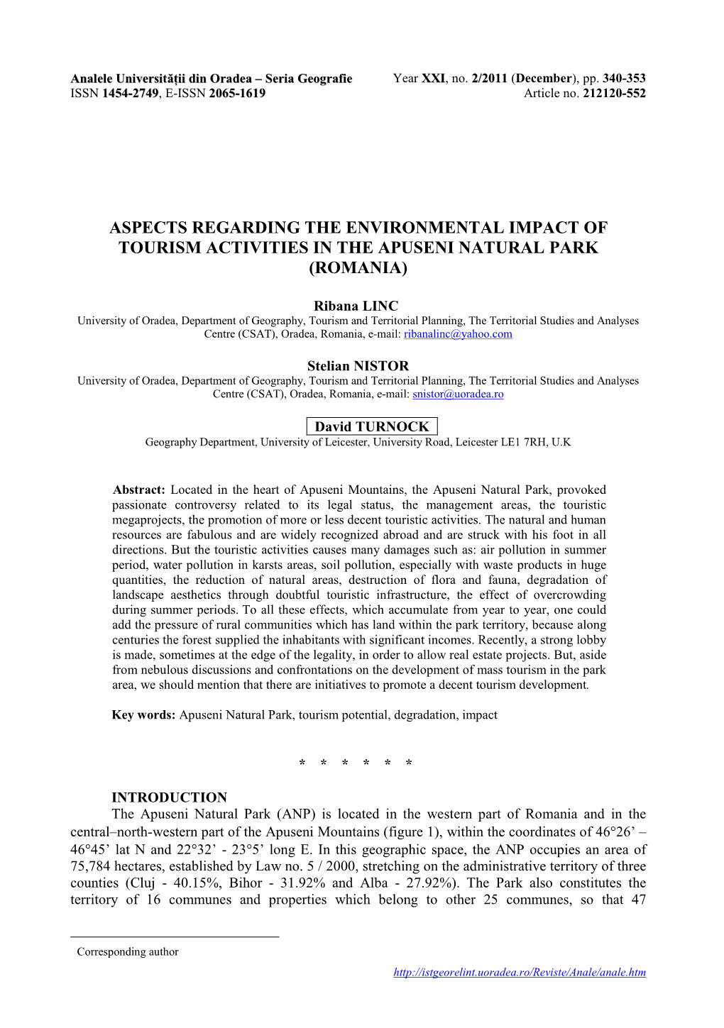 Aspects Regarding the Environmental Impact of Tourism Activities in the Apuseni Natural Park (Romania)