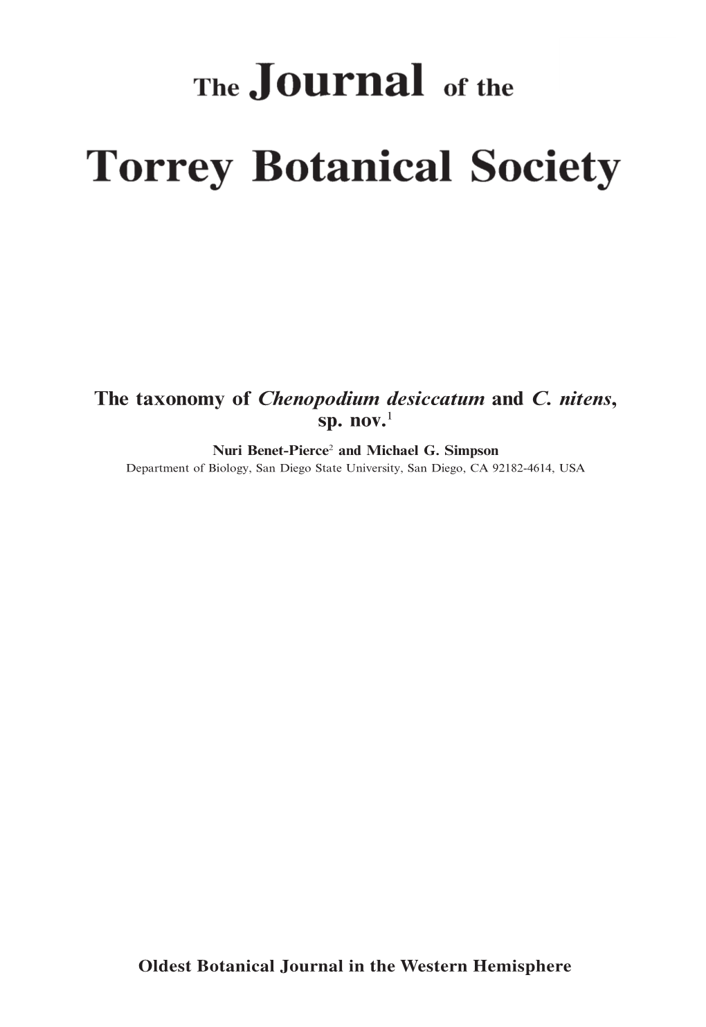 The Taxonomy of Chenopodium Desiccatum and C. Nitens, Sp. Nov.1 Nuri Benet-Pierce2 and Michael G