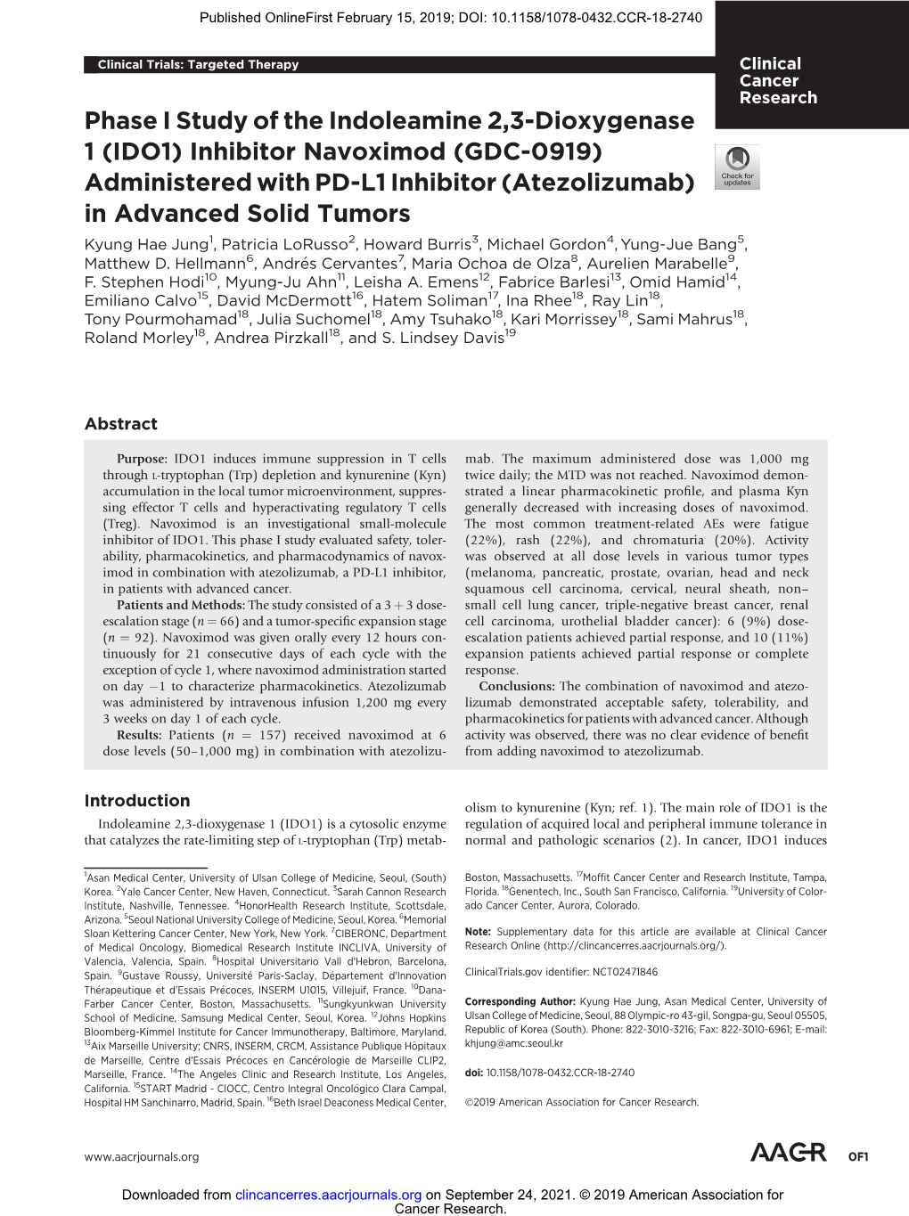 Phase I Study of the Indoleamine 2,3-Dioxygenase 1 (IDO1) Inhibitor