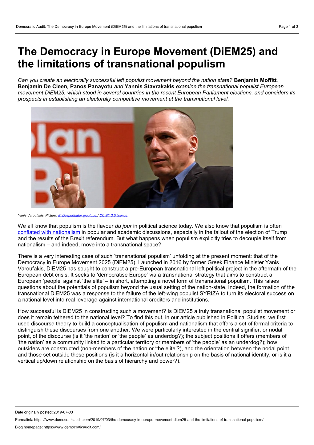 The Democracy in Europe Movement (Diem25) and the Limitations of Transnational Populism Page 1 of 3