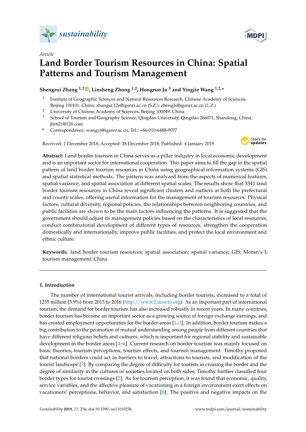 Land Border Tourism Resources in China: Spatial Patterns and Tourism Management