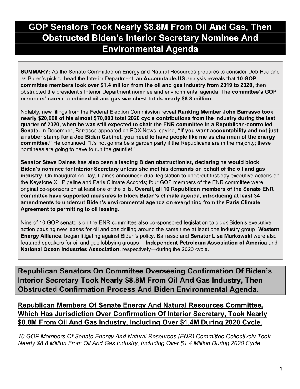 GOP Senators Took Nearly $8.8M from Oil and Gas, Then Obstructed Biden’S Interior Secretary Nominee and Environmental Agenda