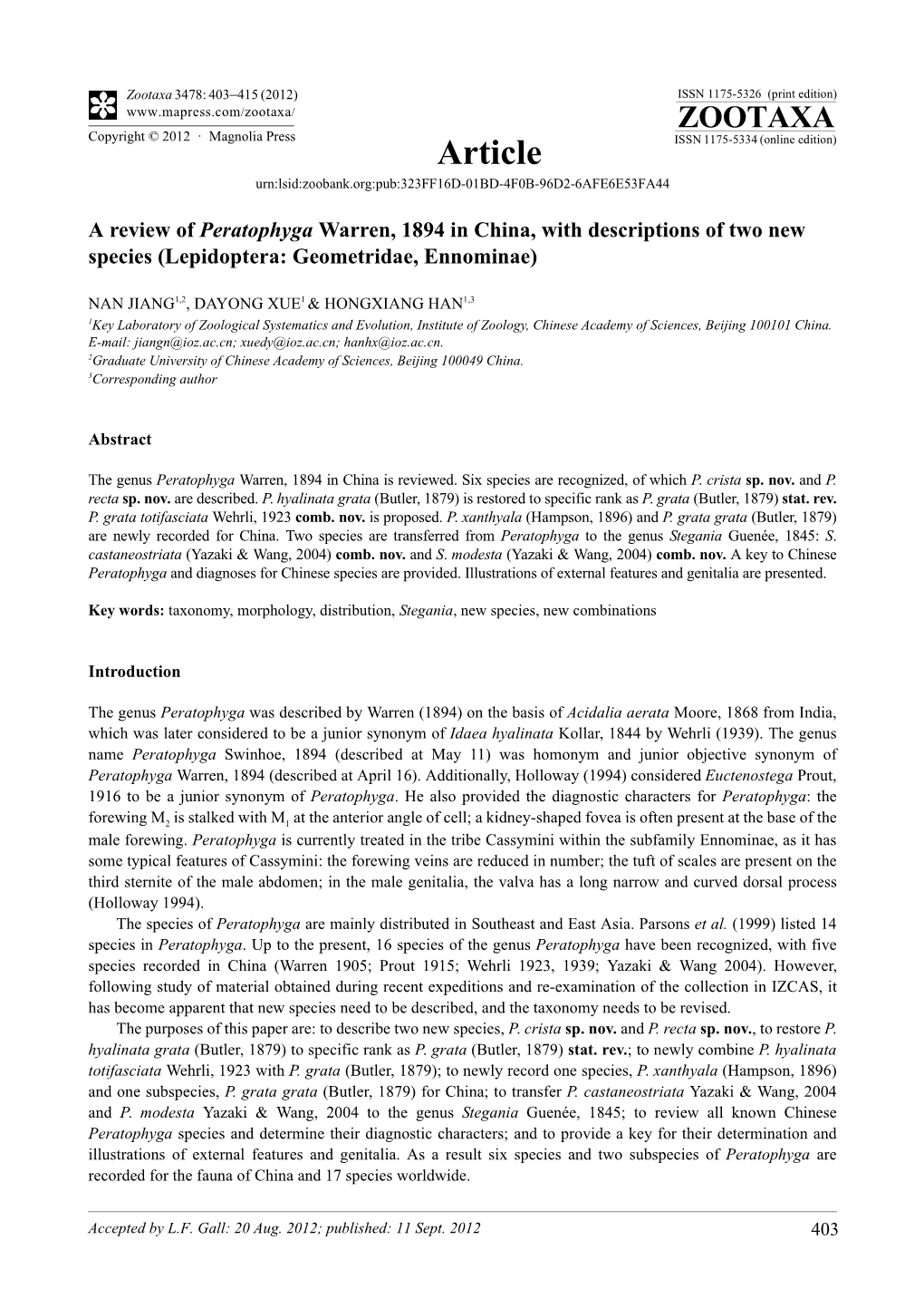 A Review of Peratophyga Warren, 1894 in China, with Descriptions of Two New Species (Lepidoptera: Geometridae, Ennominae)