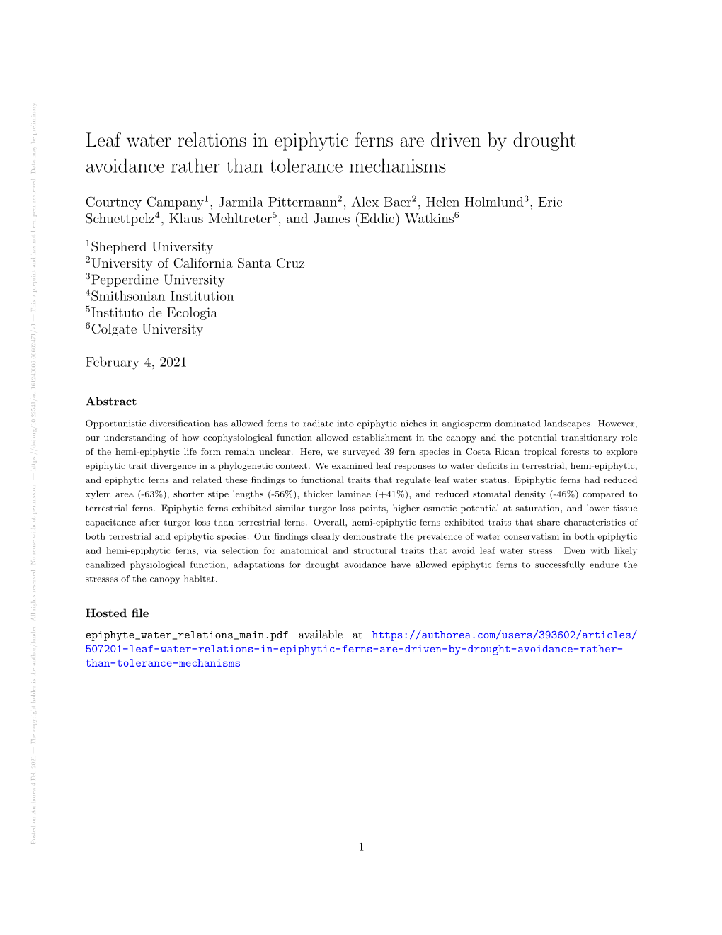 Leaf Water Relations in Epiphytic Ferns Are Driven by Drought Avoidance