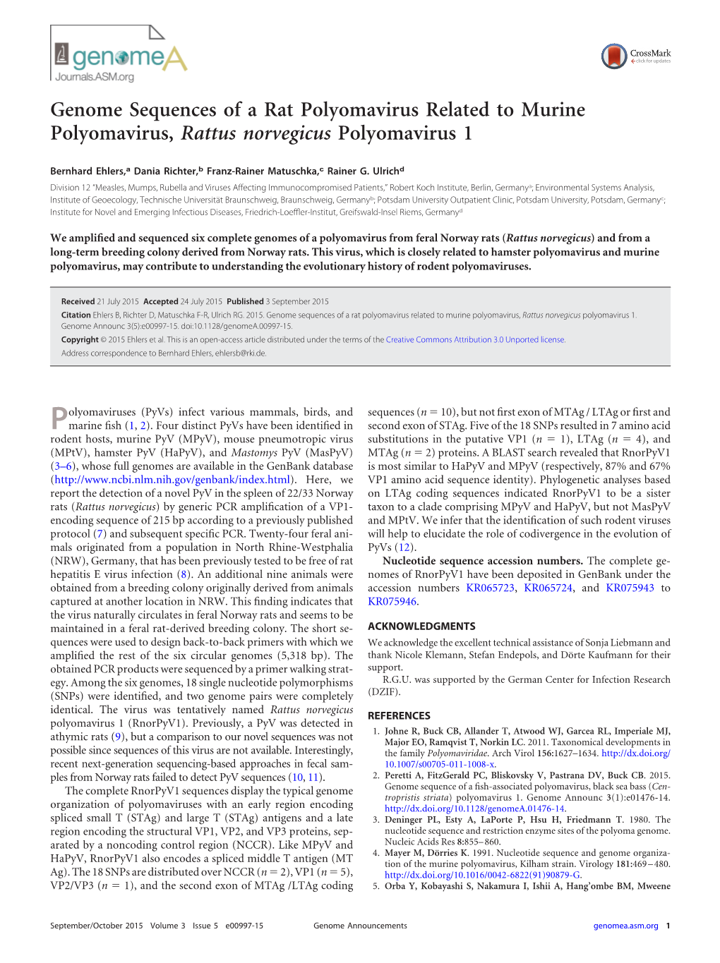 Genome Sequences of a Rat Polyomavirus Related to Murine Polyomavirus, Rattus Norvegicus Polyomavirus 1