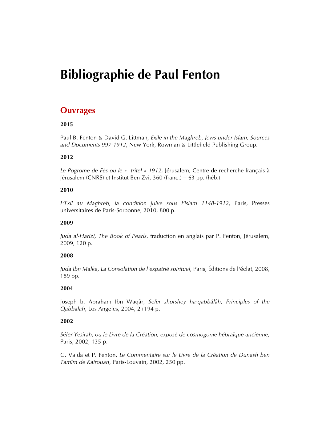 Bibliographie De Paul Fenton