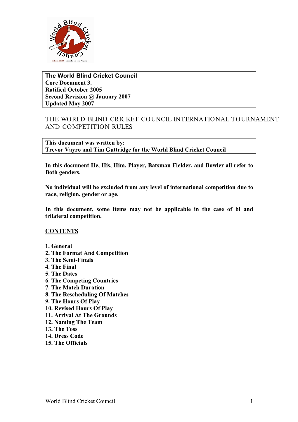 The World Blind Cricket Council International Tournament and Competition Rules