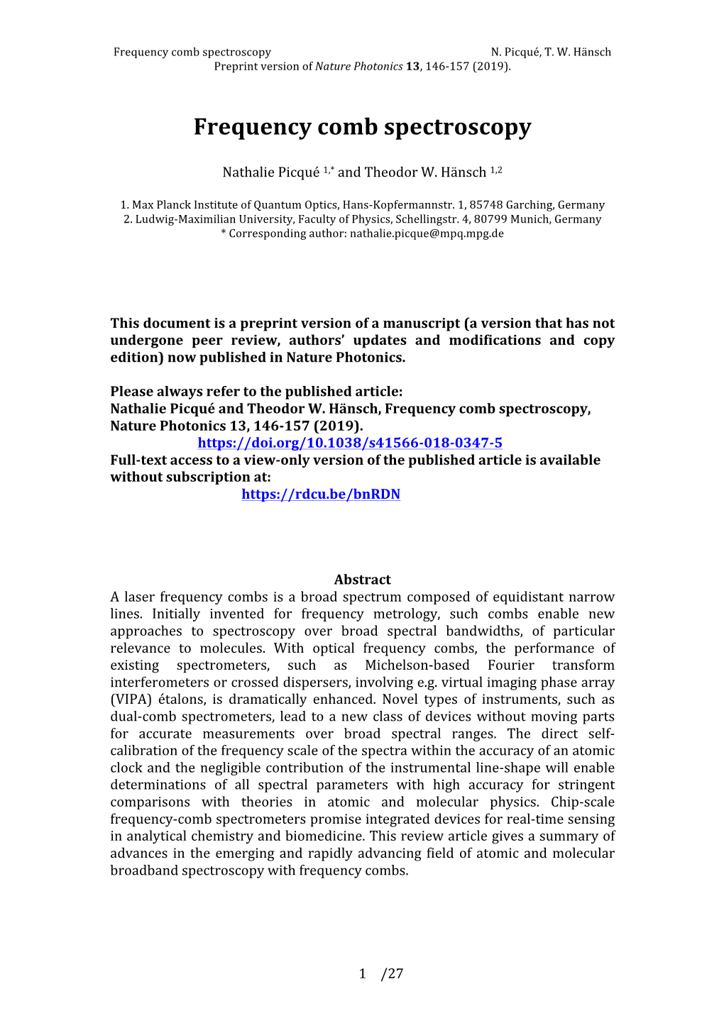 Frequency Comb Spectroscopy N