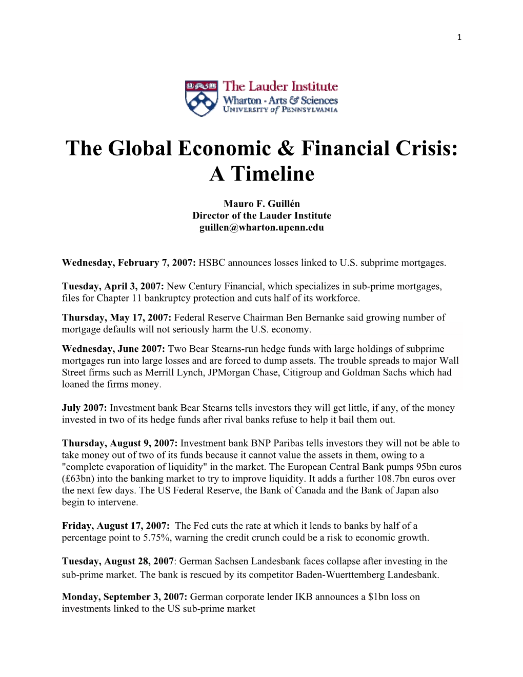 The Global Economic & Financial Crisis: a Timeline