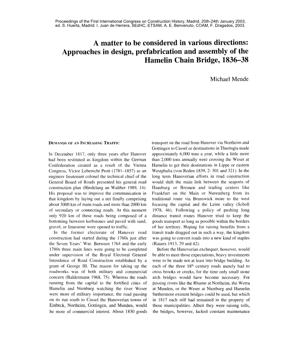 Approaches in Design, Prefabrication and Assembly of the Hamelin Chain Bridge, 1836-38