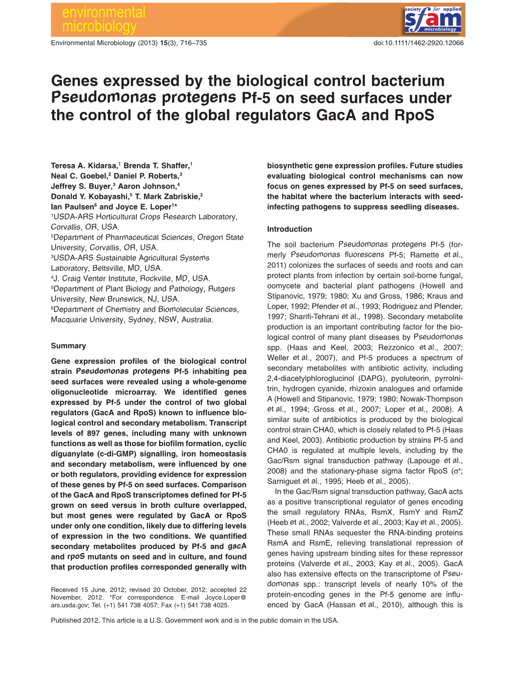 Genes Expressed by the Biological Control Bacterium Pseudomonas Protegens Pf-5 on Seed Surfaces Under the Control of the Global Regulators Gaca and Rpos