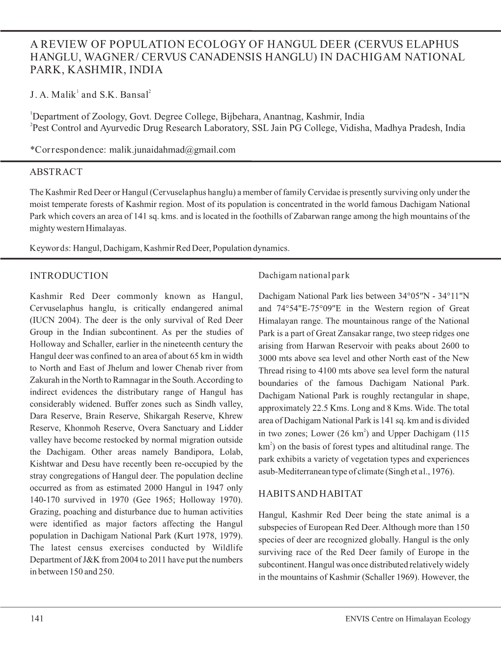 A Review of Population Ecology of Hangul Deer