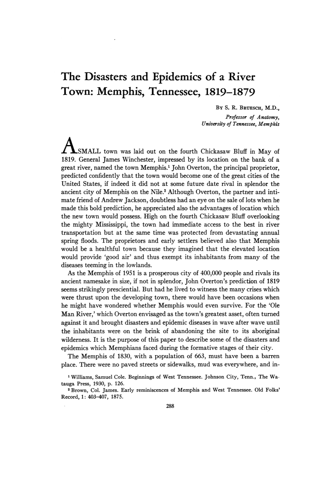 The Disasters and Epidemics of a River Town: Memphis, Tennessee, 1819-1879