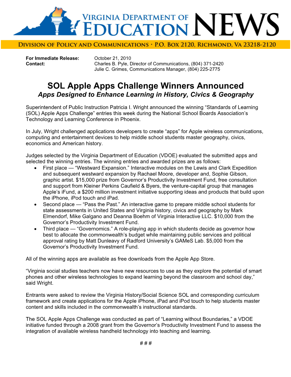 SOL Apple Apps Challenge Winners Announced Apps Designed to Enhance Learning in History, Civics & Geography