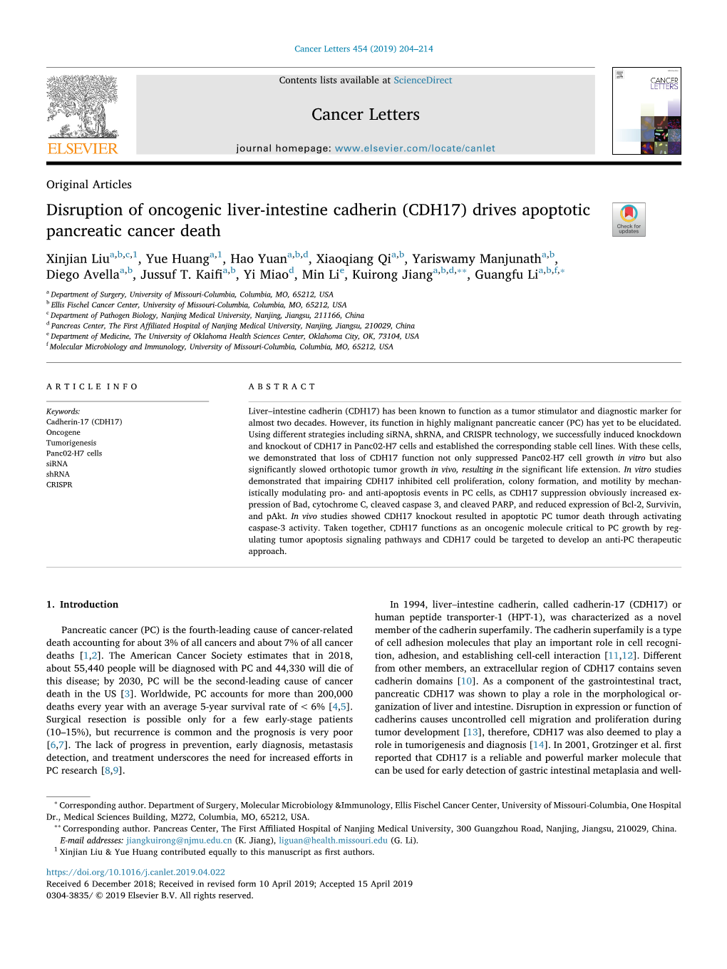 Disruption of Oncogenic Liver-Intestine Cadherin (CDH17) Drives Apoptotic Pancreatic Cancer Death T