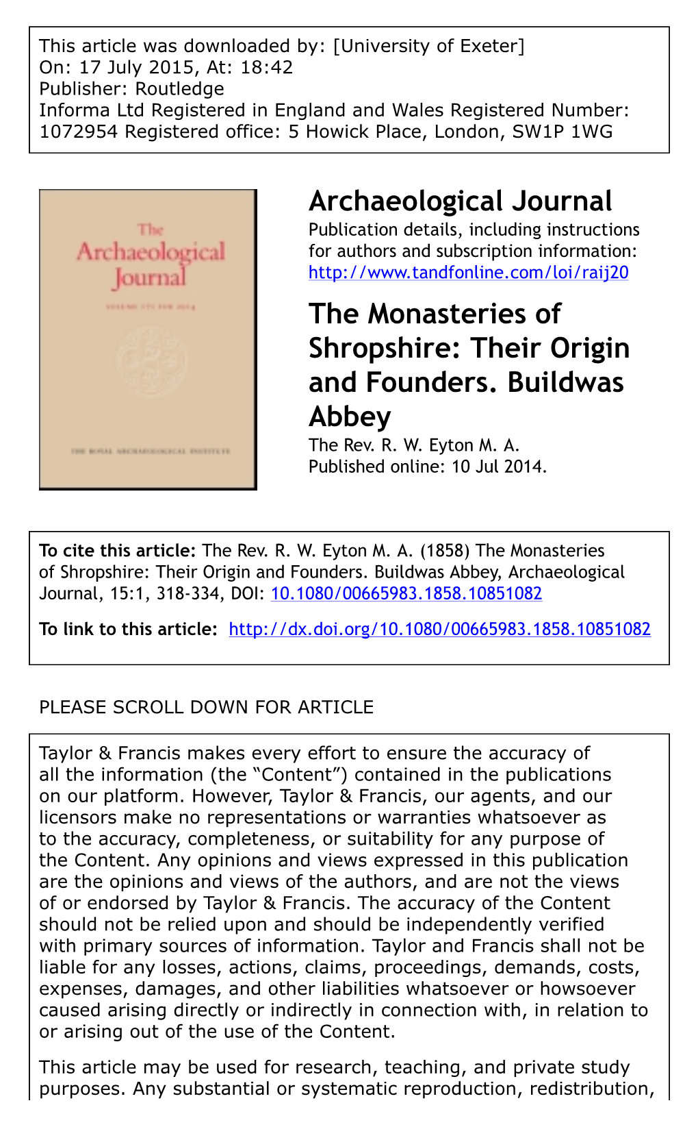 Archaeological Journal the Monasteries of Shropshire: Their Origin and Founders. Buildwas Abbey