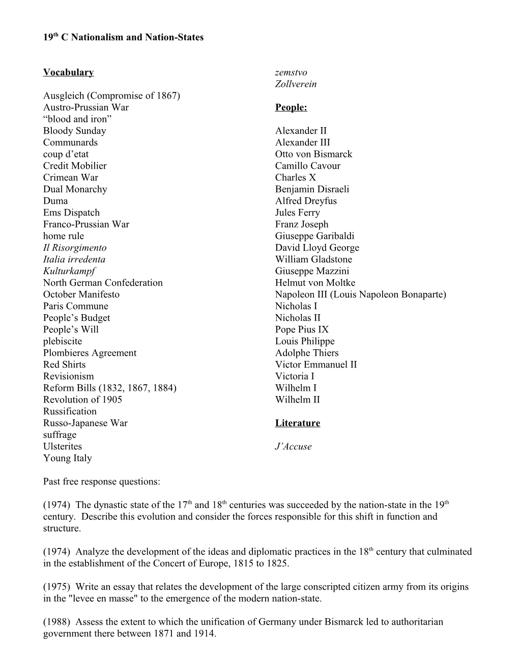 19Th C Nationalism and Nation-States Identify Country and Term