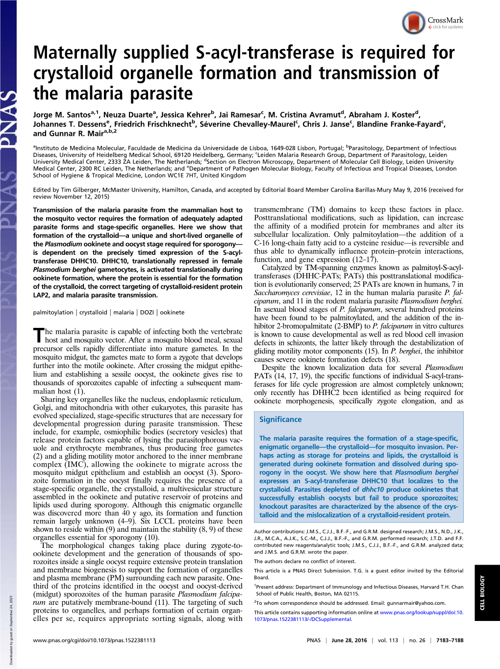 Maternally Supplied S-Acyl-Transferase Is Required for Crystalloid Organelle Formation and Transmission of the Malaria Parasite