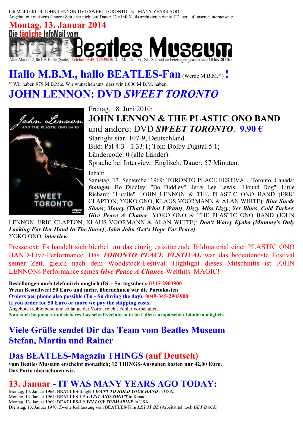 JOHN LENNON-DVD SWEET TORONTO /// MANY YEARS AGO Angebot Gilt Meistens Längere Zeit Aber Nicht Auf Dauer